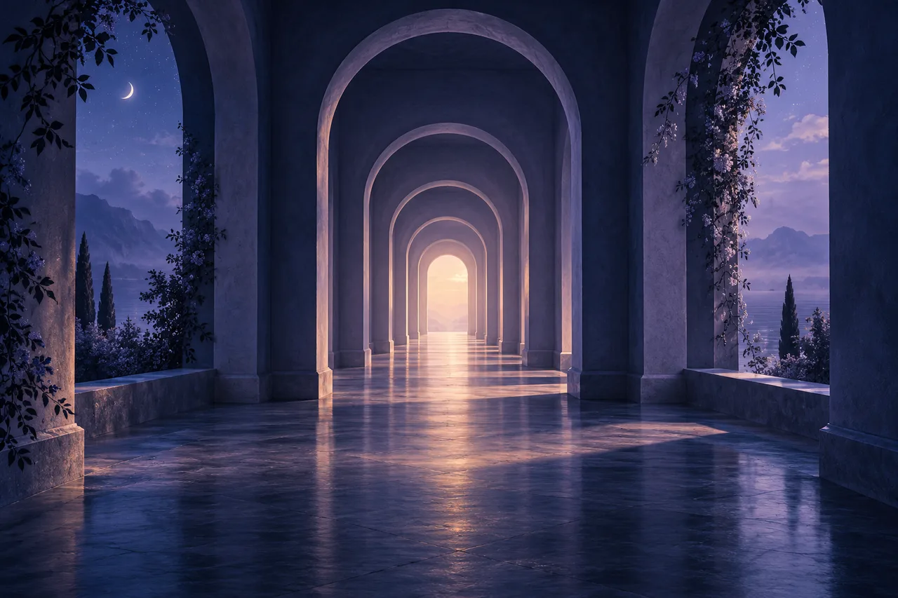 Illustration of a recurring dream: a quiet corridor with a series of similar doorways